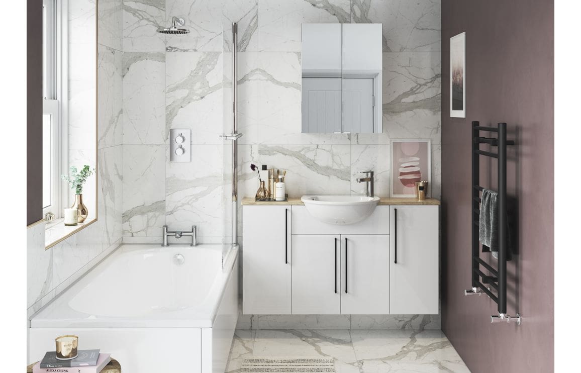 Alba White Spacesaving Bathroom With Built-In Bath| My Bathroom Specialist