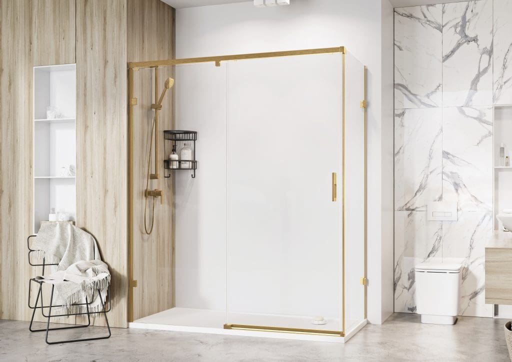 Corner Clear One Door Slider Brushed Brass | My Bathroom Specialist