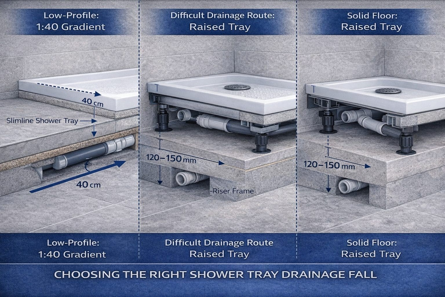 A Diagram Showing The Different Shower Tray Drainage Profiles For A Successful Shower Tray Fall | My Bathroom Specialist