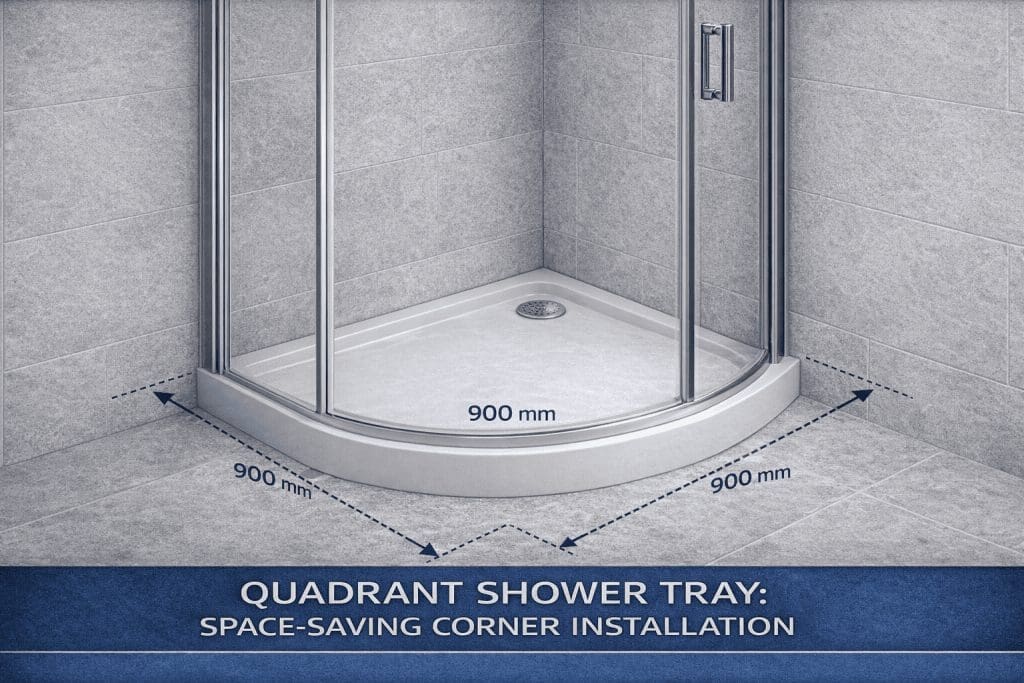 An Infographic Showing Space Requirements For A Quadrant Corner Shower Tray | My Bathroom Specialist